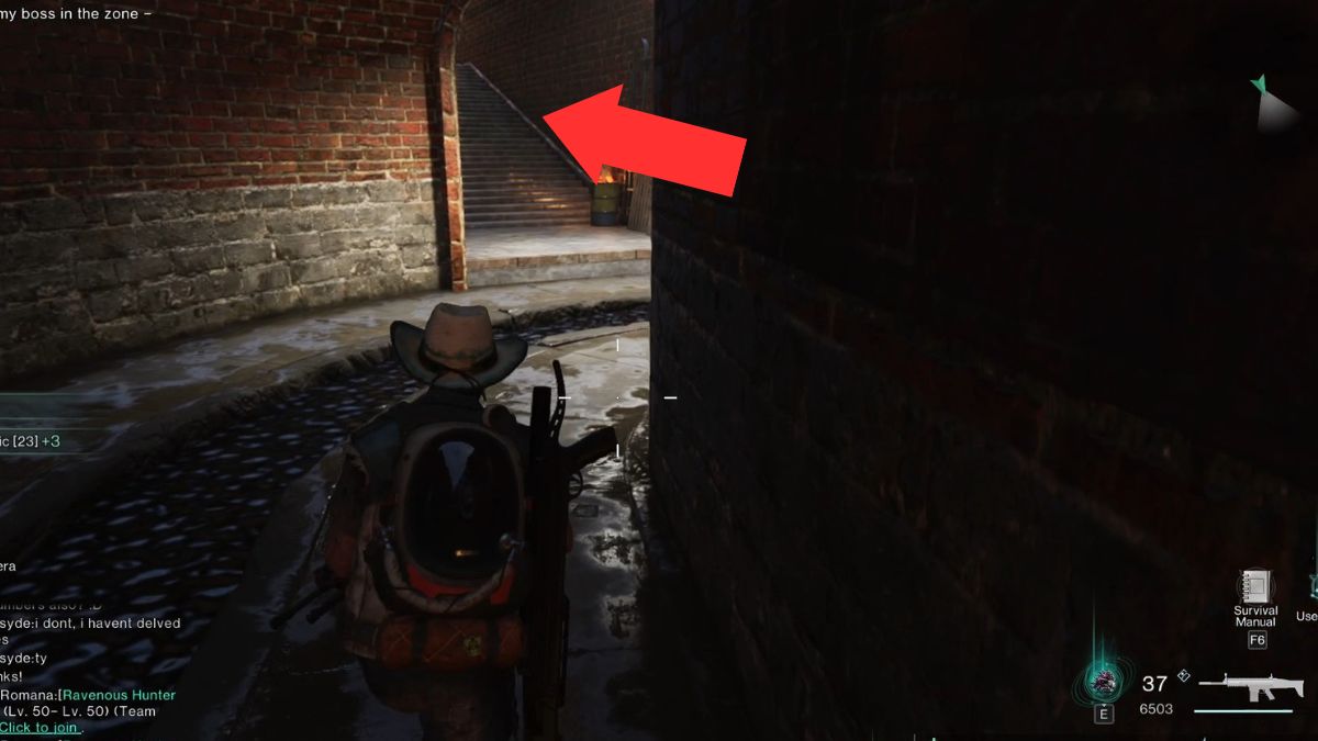 An arrow highlights the stairs in t he sewer that lead to the next area of Securement Silo Theta.