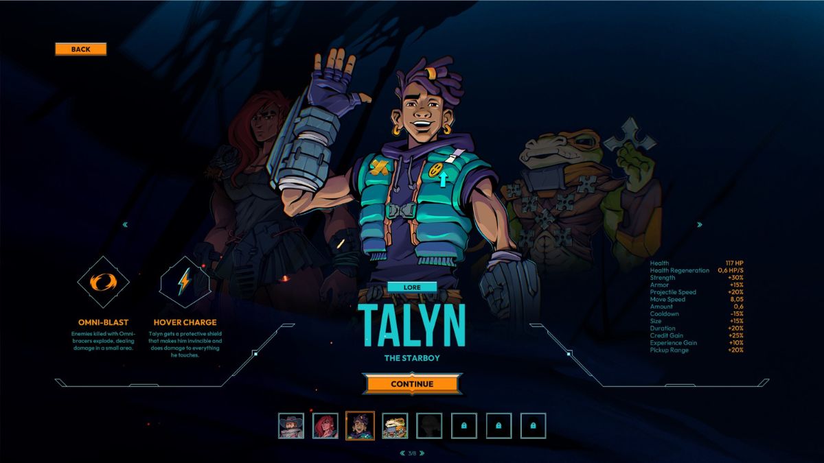 Talyn the Starboy from Defenders of the Omniverse on the hero selection screen.