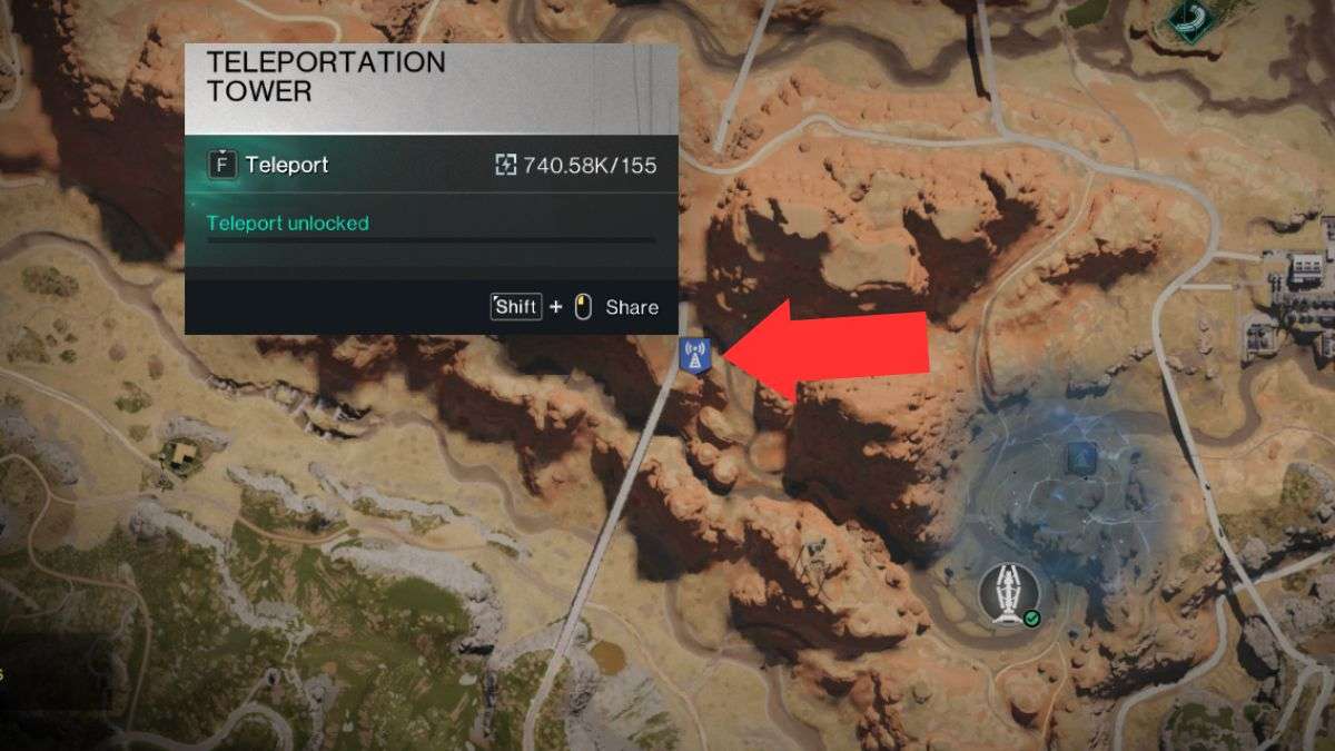A teleportation tower icon marked with an arrow on a map in Once Human.