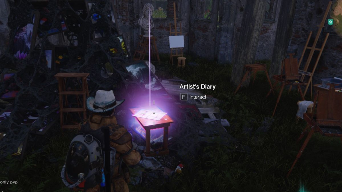 The Artist's Diary inside the ruined building that starts the Devious Puzzle Painting quest. 