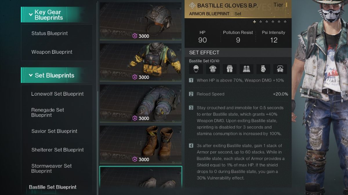 The Bastille armor set in the shop in Once Human, showing it's stats and special effects.