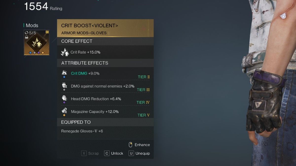 The best Gloves mod for the Shrapnel Build in Once Human, with stats visible on the Inventory Screen.