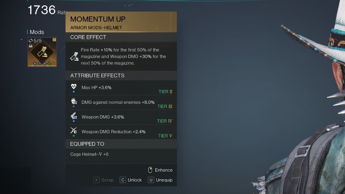 The best helmet mod for the Shrapnel Build in Once Human, with its stats and name visible.