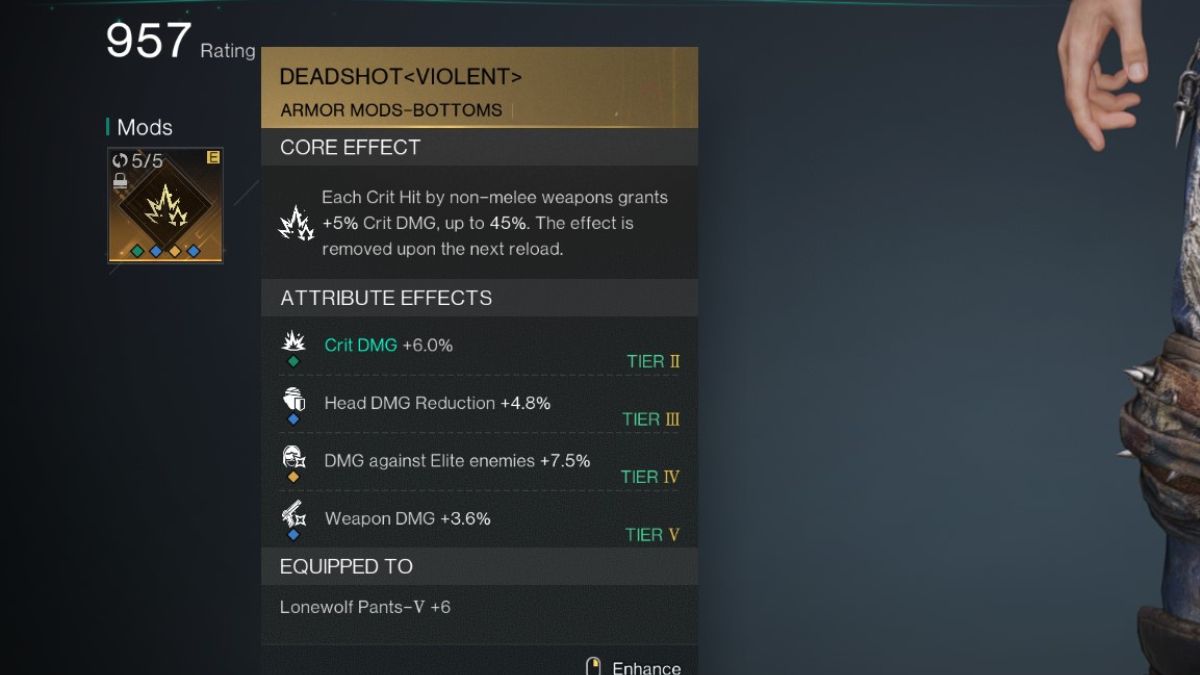 The best Pants mod for the Shrapnel Build in Once Human, with the stats visible on the inventory screen.