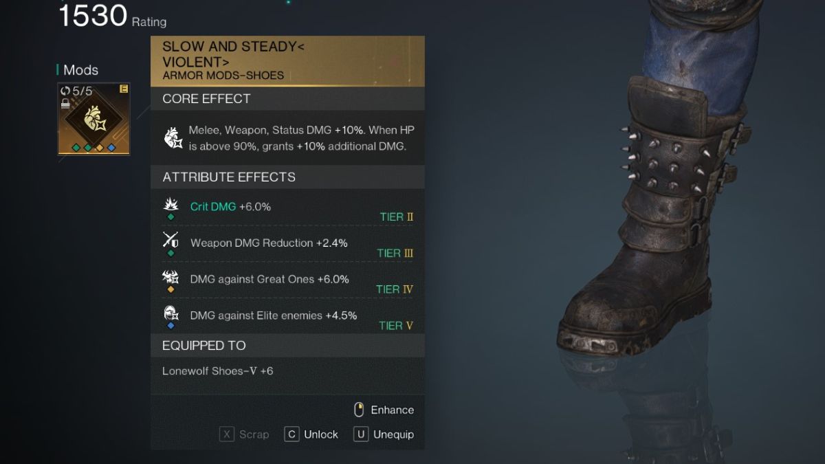 The best Shoes Mod for the Shrapnel Build in Once Human, with stats visible on the inventory screen.