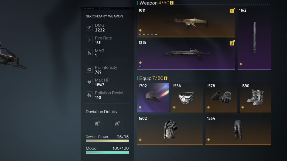 The best weapons and armor for the Shrapnel build, shown on the player gear screen in Once Human.