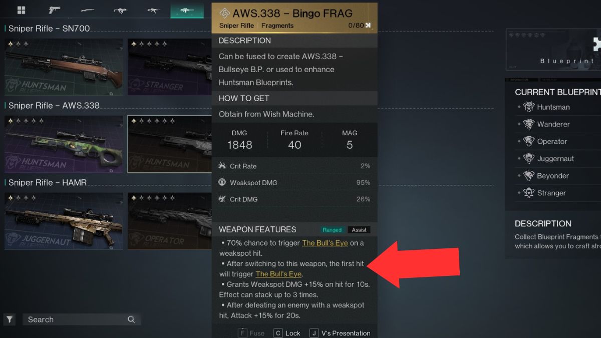 The Bingo Sniper rifle's attributes highlighted by an arrow, showing why it's good for the Fast Gunner build.