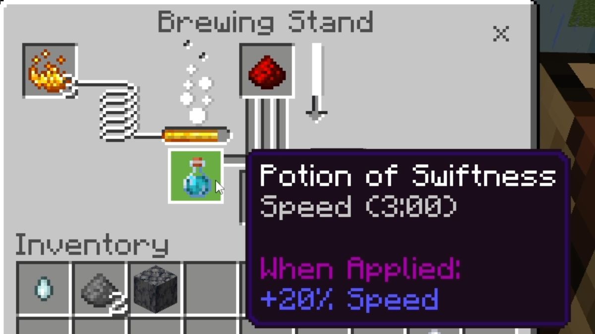 A potion of Swiftness freshly created in the Brewing Stand interface in Minecraft.