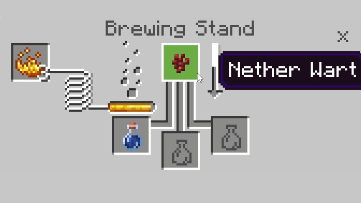 The Brewing Stand interface in Minecraft, while a player brews a potion of Swiftness.