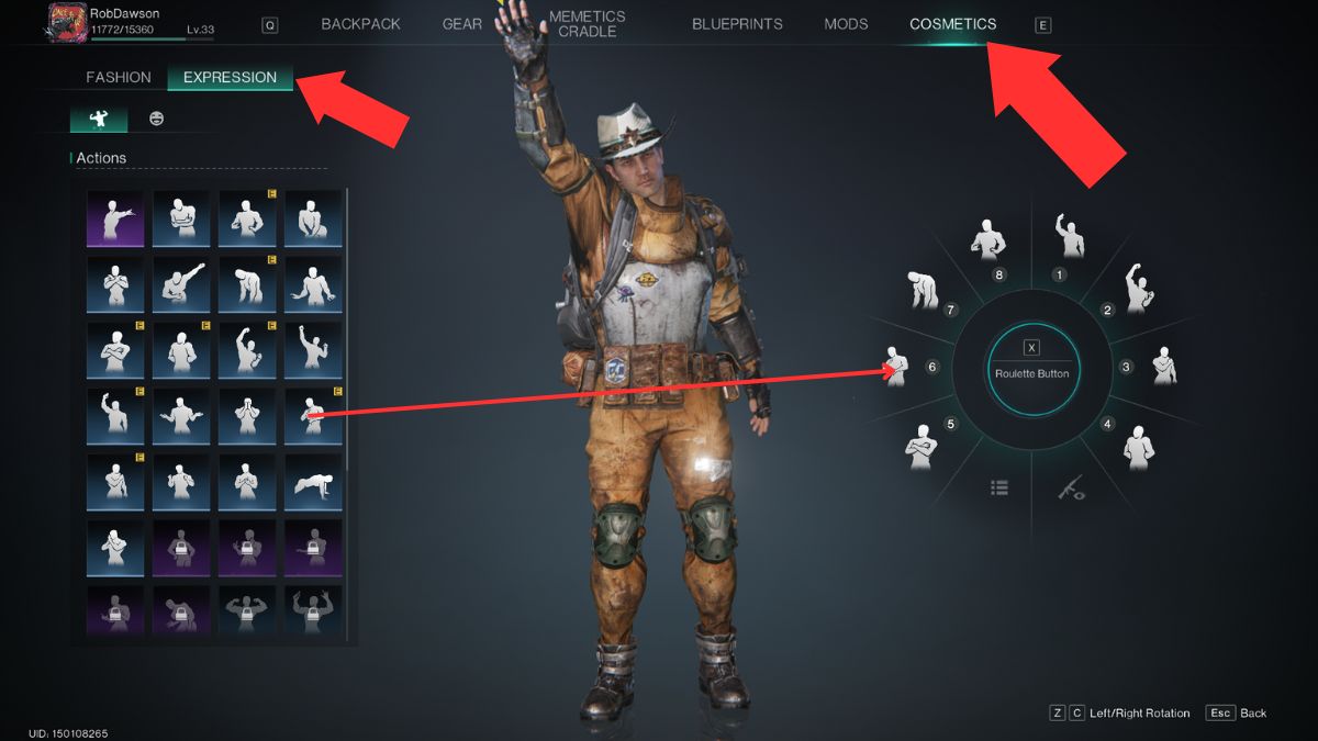 The cosmetics menu in the expressions tab in Once Human, showing players how to set up quick emotes.