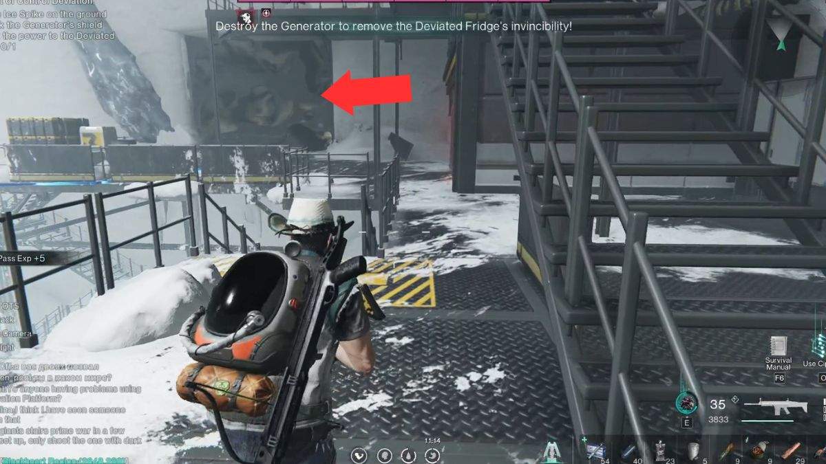 The first generator to destroy in the Securement Silo PSI boss fight highlighted by an arrow in Once Human.