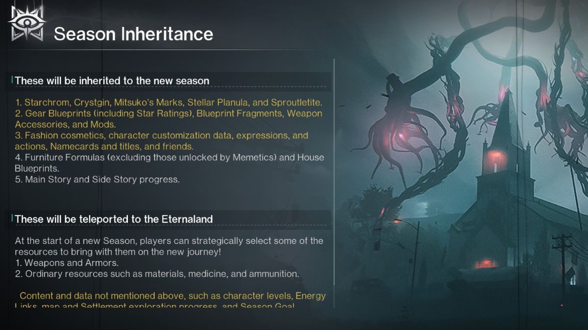 The items that players can keep after season-reset shown on-screen in the in-game menus of Once Human.
