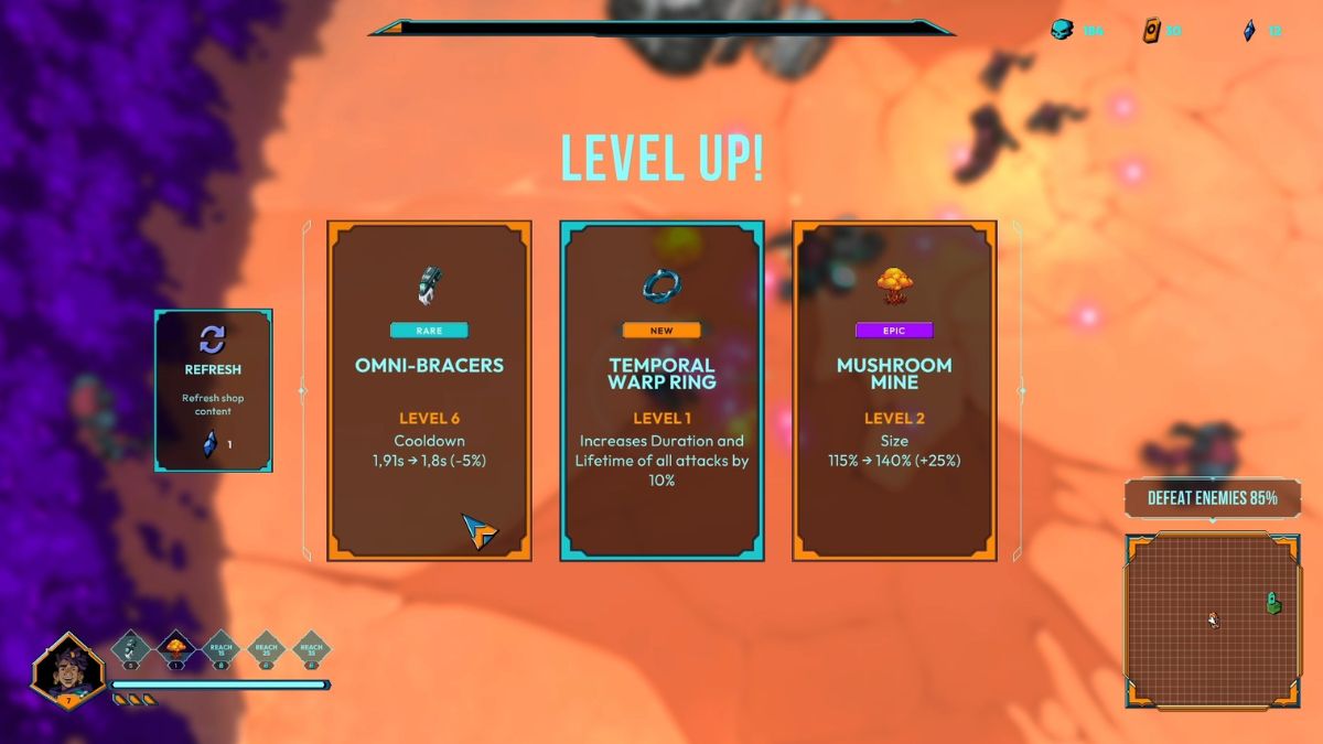 The level-up screen in Defenders of the Omniverse where players can select an upgrade for one of their items.