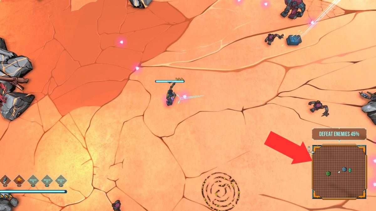 An arrow highlights the minimap in Defenders of the Omniverse for reader visual reference.