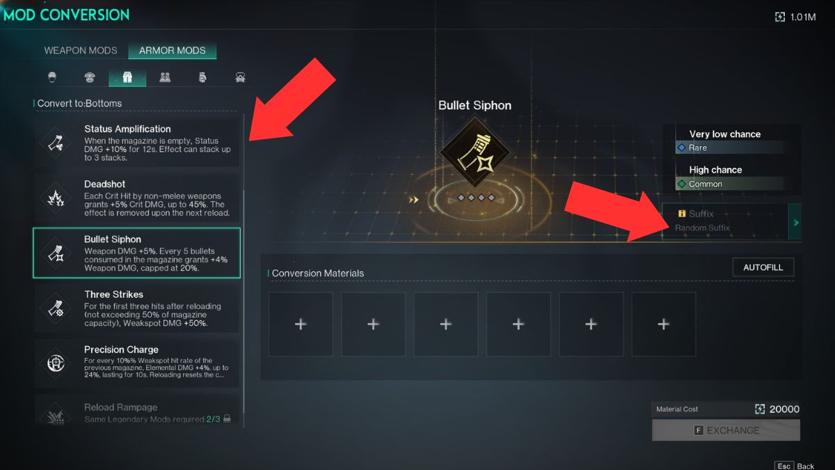 The mod conversion screen in Once Human with arrows highlighting the left and right parts of the screen where player attention is required.