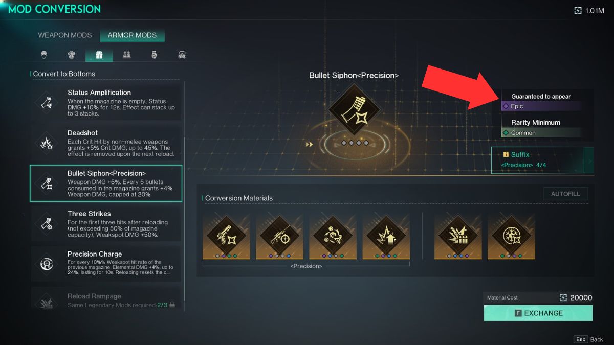The mod conversion screen in Once Human with an arrow highlighting the probability of attribute quality chances.