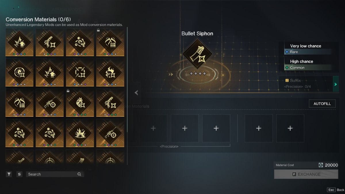 The mods conversion screen where mods can be selected to consume when converting mods.