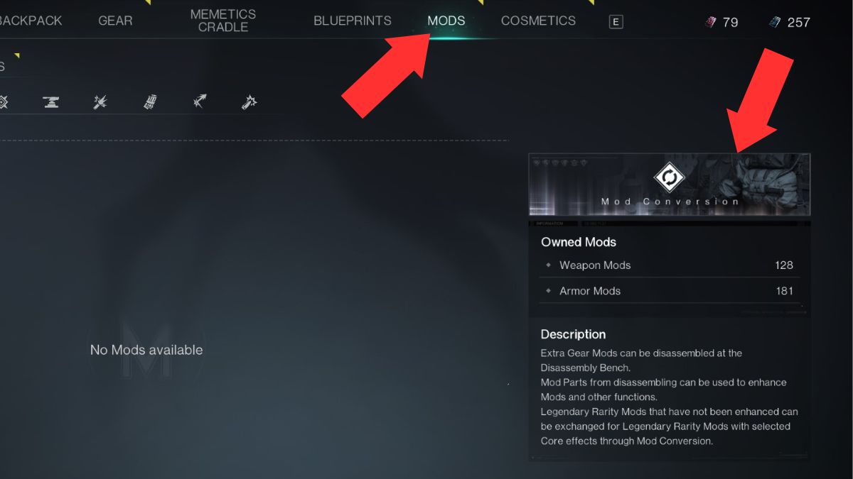 The Mods menu in Once Human, with arrows highlighting the mods tab and the mod conversion button.