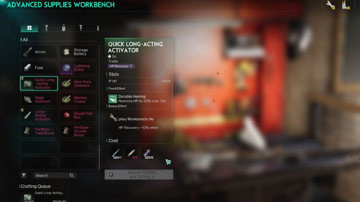 The Quick Long-acting Activator in the Supplies Workbench crafting menu in Once Human. 