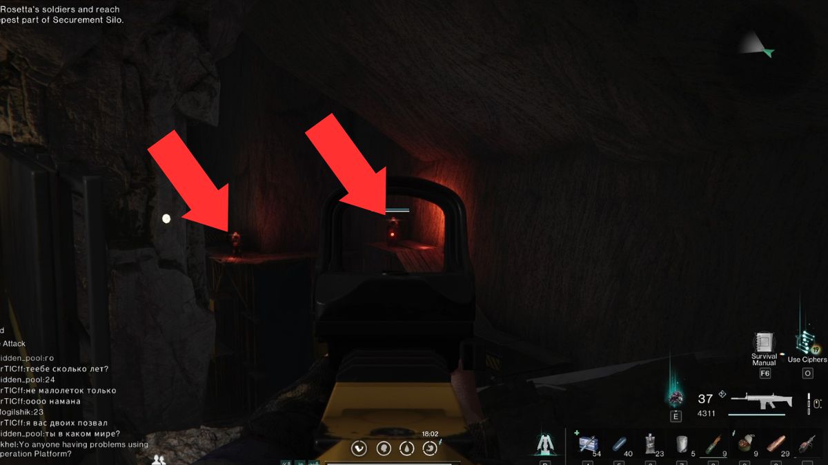 A player engages snipers from across a large room at Securement Silo PSI in Once Human.