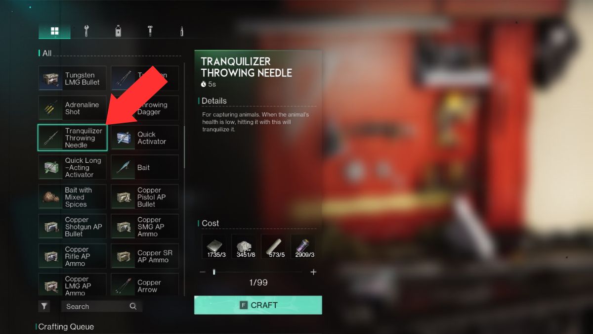 Tranquilizer throwing needles, that are used for animal taming in Once Human, highlighted with an arrow in the Supplies workbench in Once Human. 