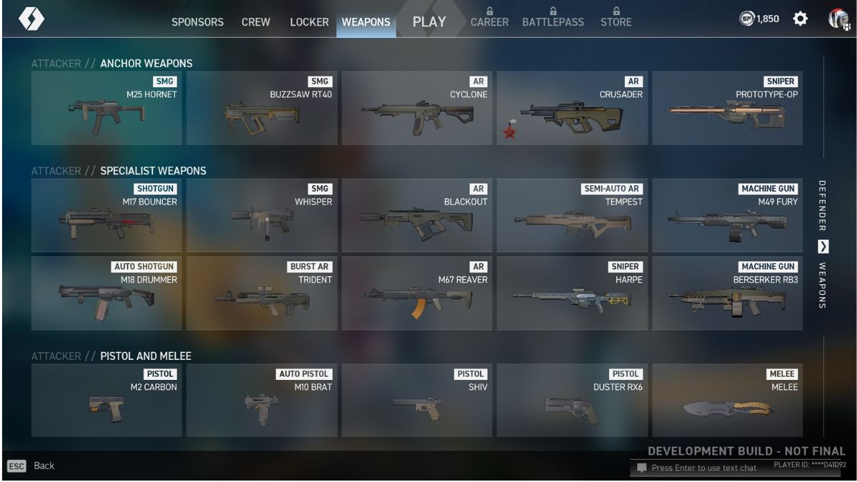 A selection of weapons in the Spectre Divide close beta, in the weapons menu screen.
