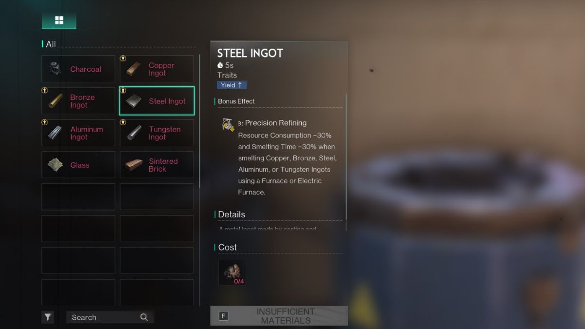 The Furnace interface in Once Human showing that the player cannot craft steel ingots, despite having iron ore in chests.