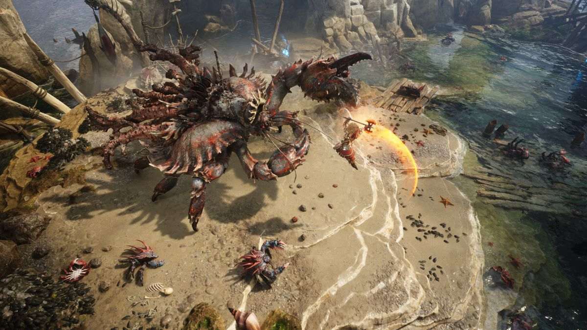 A giant crab monster on a rock with it's offspring in Titan Quest 2