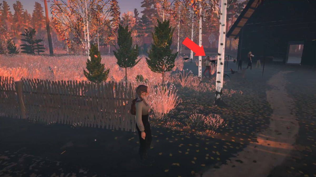 A man being attacked by crows in Reka, highlighted by an arrow for player guidance.