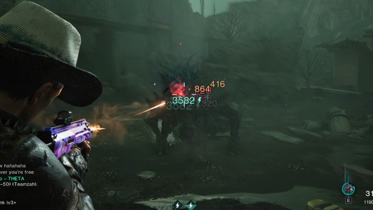 The Power Surge build damage displayed as a player attacks the Treant with the Outer Space SMG in Once Human.