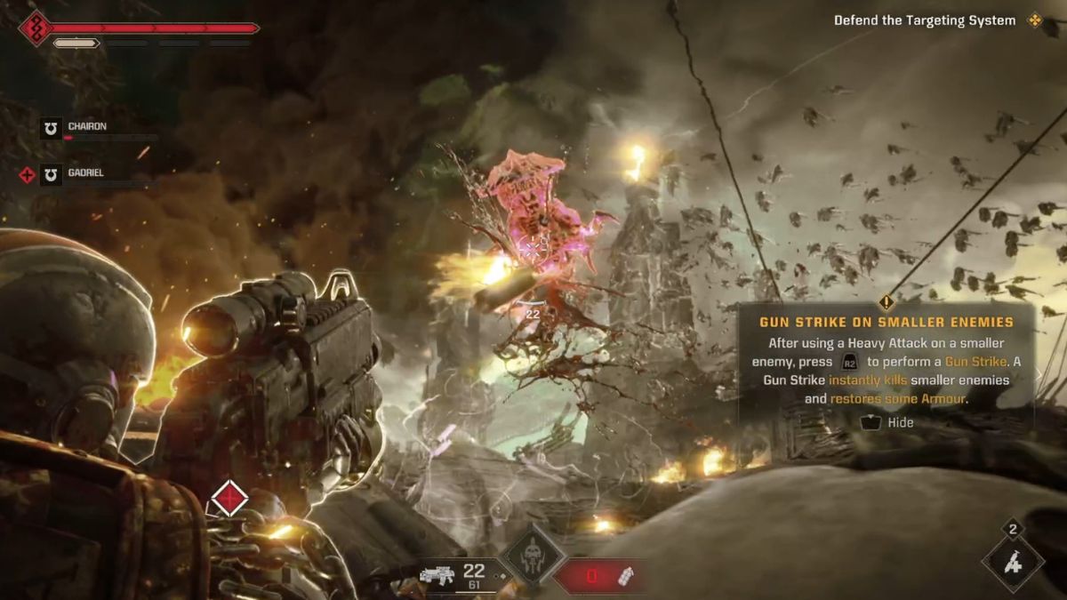 A player uses his special ability and attacks the flying enemies during the Defend the Antennae objective in Space Marine 2.