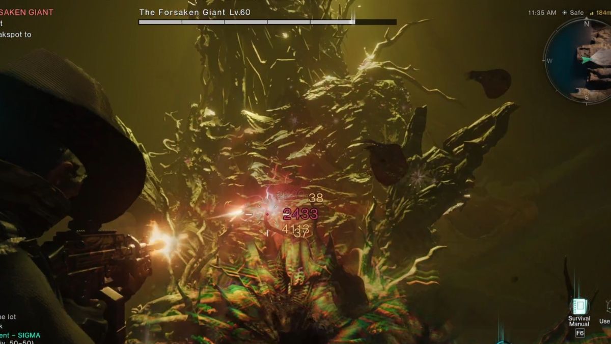 The player attacks the Forsaken Giant's weakspot during the boss battle in Once Human.