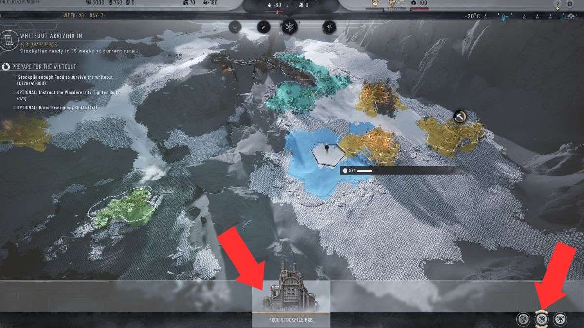 Un jugador construye un centro de almacenamiento de alimentos en Frostpunk 2, con flechas que resaltan los pasos para construir uno.
