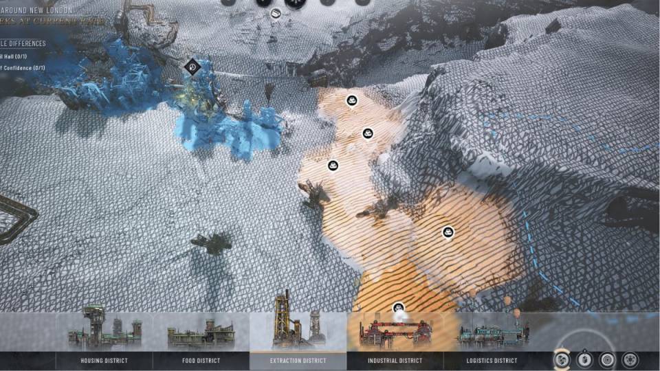 Un jugador construye un distrito de extracción sobre cinco depósitos de carbón durante el Capítulo 1 en Frostpunk 2.