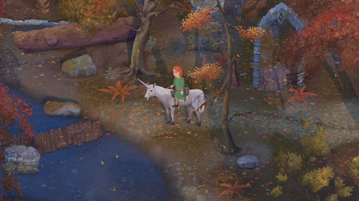 A player character sits on a unicorn in a forest by a stream in Mirthwood.