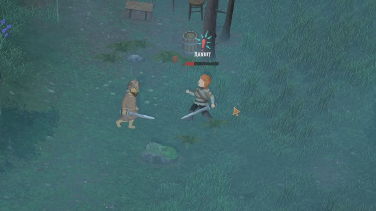 A player fights a bandit in the game Mirthwood that has been delayed to November 6, 2024.