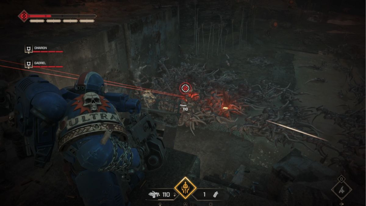A player uses a heavy machine gun to fight off an attacking horde of enemies in Warhammer 40k: Space Marine 2