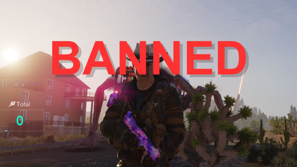 A player in Once Human stands in front of a house, with the word "Banned" written across the screen.