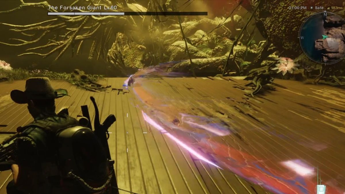 A player jumps over the shockwave caused by the Forsaken Giant's slam attack.