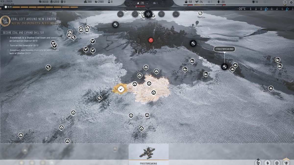 Un jugador usa la función Frostbreak Area para abrir depósitos de materiales durante el Capítulo 1 en Frostpunk 2.