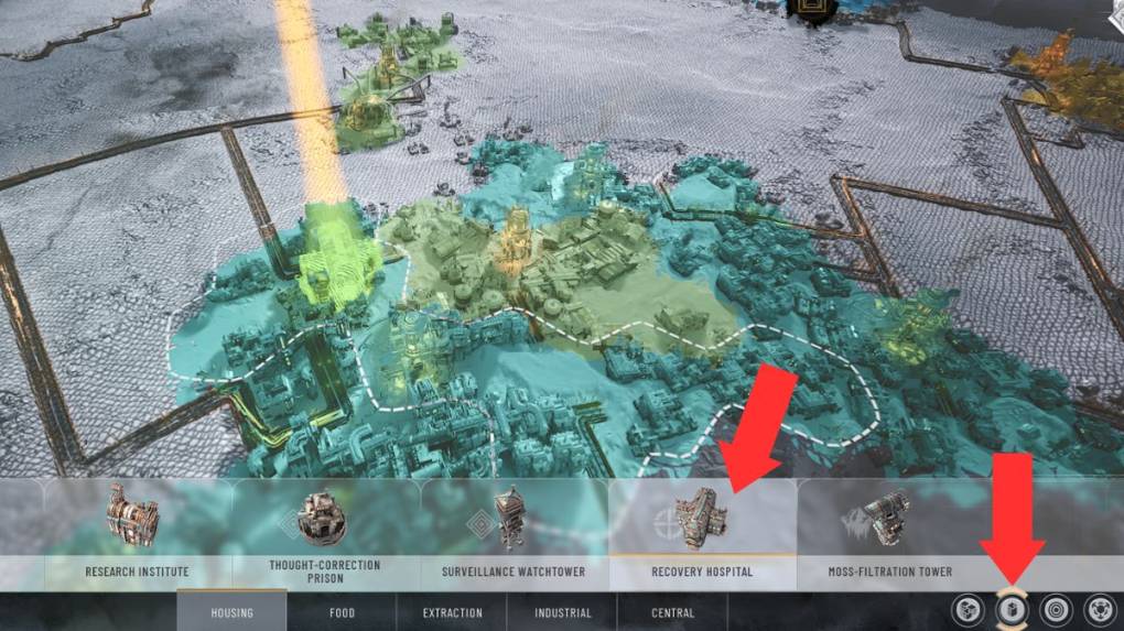Un jugador coloca un hospital en un distrito de viviendas ampliado para reducir las enfermedades en Frostpunk 2.