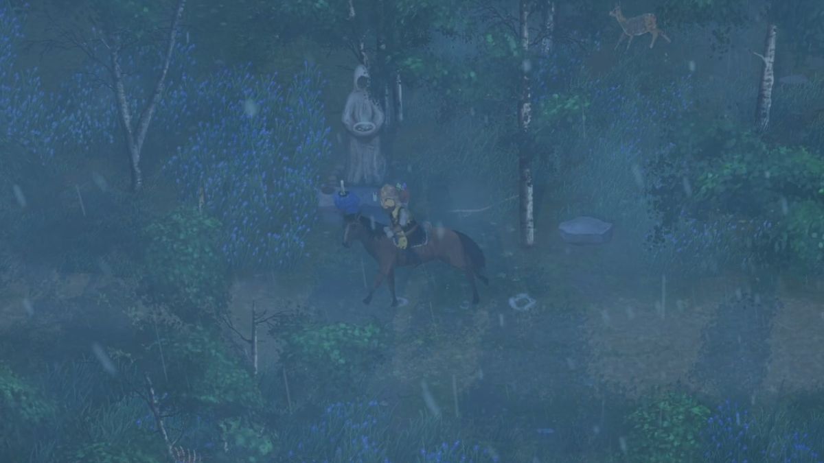 A player rides a horse through a forest in stormy weather in the Mirthwood demo