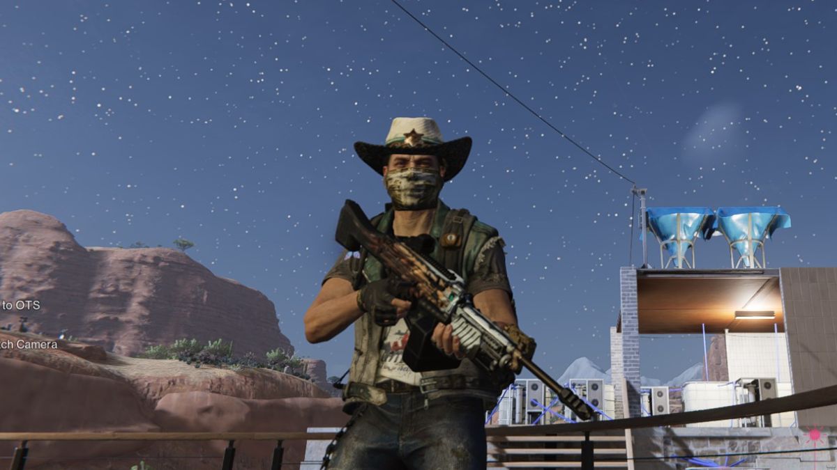 A player stands with the MG4 Predator in his hands, showing off the main weapon for the Crit Damage Fast Gunner build in Once Human.