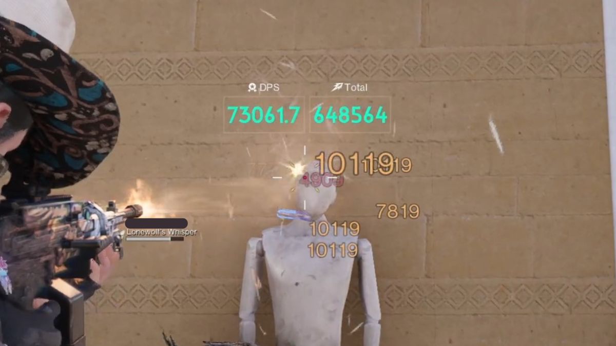 A player testing the buffed peak damage of the Fast Gunner crit build on a testing dummy in Once Human.