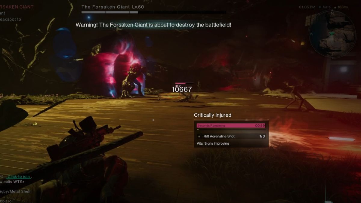 A player uses his last revive in the Forsaken Giant boss fight.