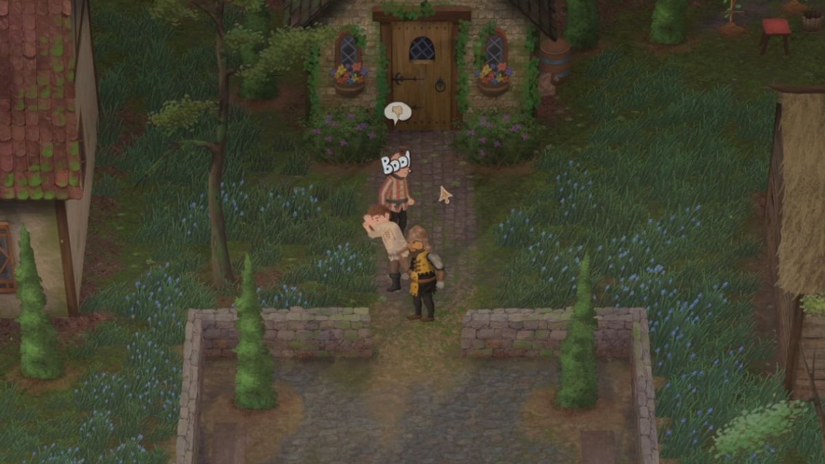 A player watches two NPC's reacting to each other in the Mirthwood demo.