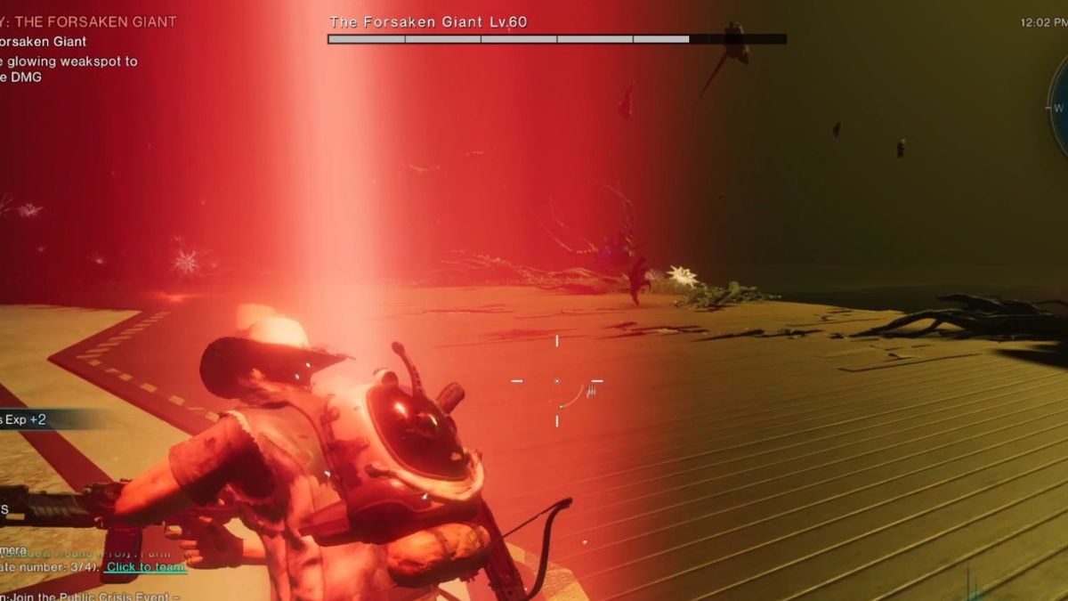 A red glow surrounds the player, signalling a powerful attack by the Forsaken Giant.