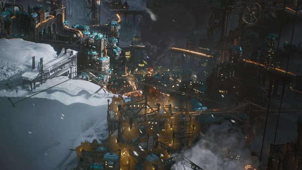 A snapshot of New London from a cutscene after completing Chapter 1 in Frostpunk 2.