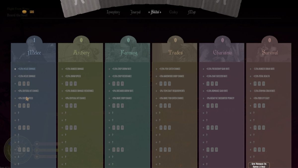 The skill trees in the menu in the Mirthwood demo. 