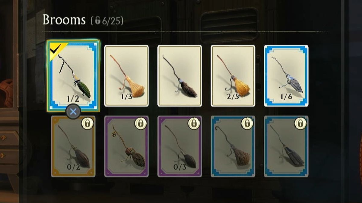 All the brooms in Harry Potter: Quidditch Champions, showing which are unlocked and which are yet to be opened.